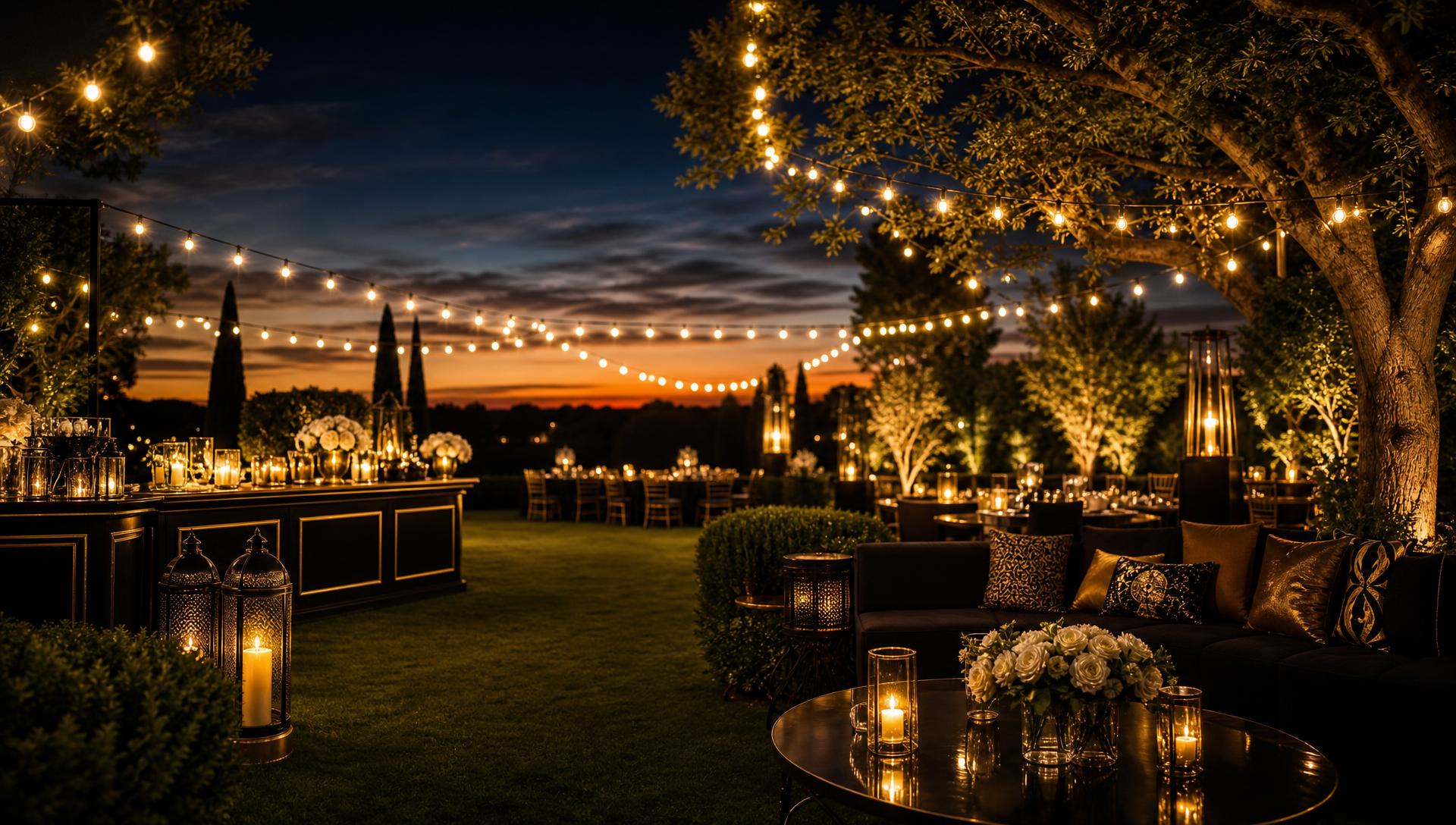 Warm festoon lights glowing in an elegant dusk garden party setting